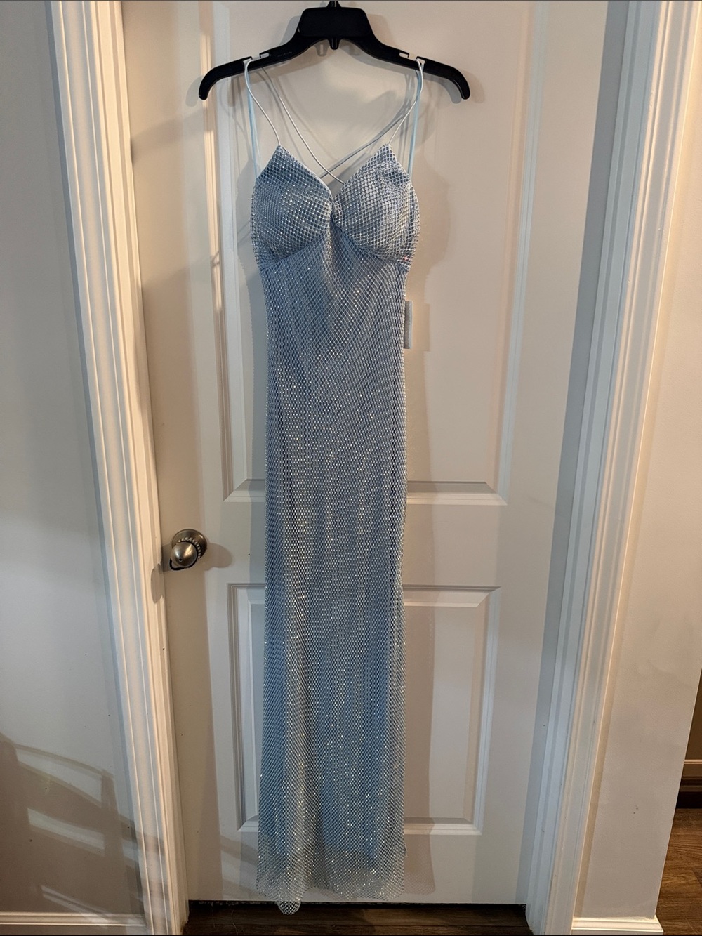 Light Blue Rhinestone Slip Gown with Spaghetti Straps